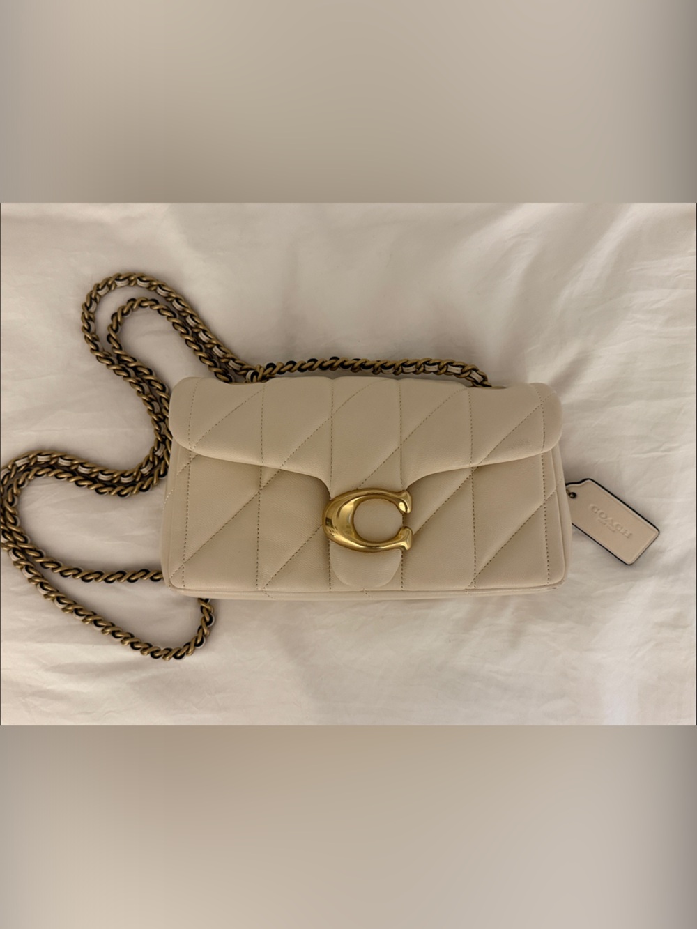 Coach Cream Quilted Crossbody Bag with Gold Chain